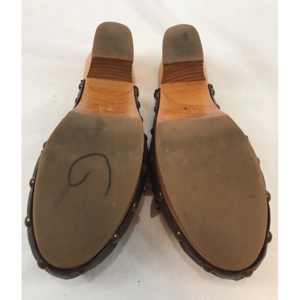 Zara Wood Sole Slide Mules 5.5-6 36 Sandals Brown Leather Shoes Flower Toe Spain - Picture 11 of 11